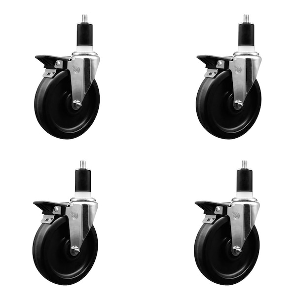 5'' Phenolic Swivel 1-1/2'' Expanding Stem Caster Set with Brake, 4PK